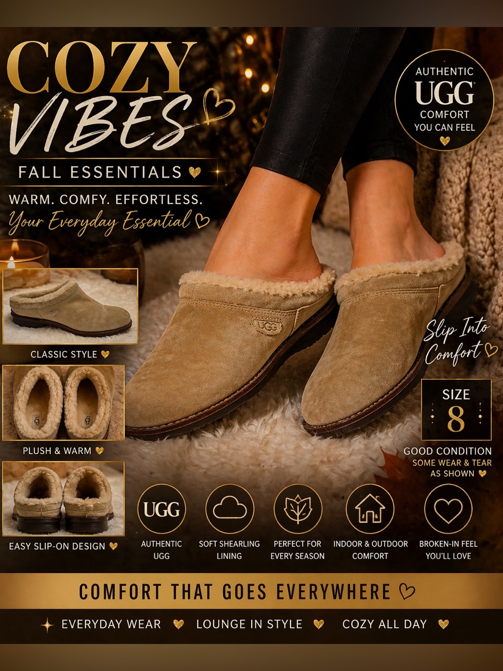 🤎 UGG Shearling Slip-On Mules – Size 8 – Cozy Classic 🤎